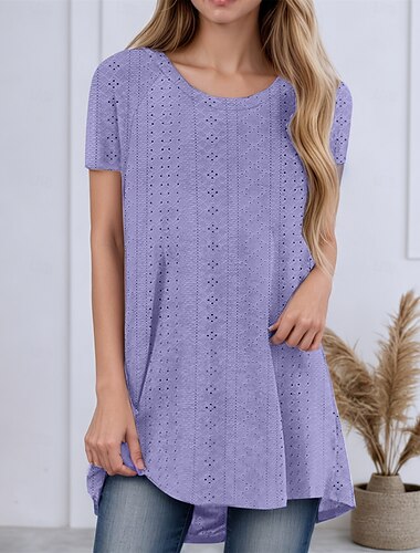  Dames Tuniek Zomer tops Blouse Effen Stijlvol Casual Korte mouw Strakke ronde hals Lange tops Dagelijks Vetergat Assymmetrisch Wit Blozend Roze Paars Groen Licht Blauw Zomer Lente