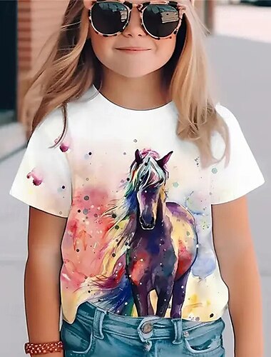  Mädchen 3D Pferd T-Shirt Kurzarm Sommer Frühling Mode Basic Kinder 4-12 Jahre Rundhalsausschnitt Outdoor Lässig Täglich Normale Passform