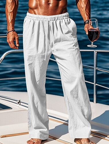  Herren Leinenhosen Hose Sommerhose Baggy-Hosen Strandhose Kordelzug Elastischer Bund Gerader Schnitt Einfach Komfort Atmungsaktiv Volle Länge Lässig Täglich Ferien Urlaub Klassicher Stil Schwarz Weiß