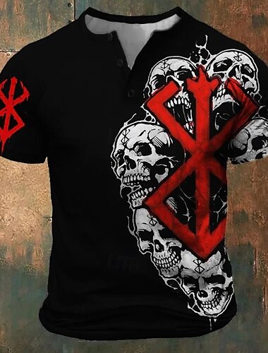  Voor heren Doodskoppen T-shirt Henley-shirt Korte mouw Ontwerper Retro vintage Straat Casual Dagelijks Zomer Lente Alle seizoenen Zwart Rood Henley Henley-T-shirt