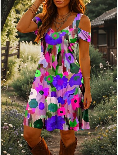  Damen Minikleid A Linie Kleid Sommerkleid Urlaub Lässig Täglich Ferien Normale Passform Blumen Grafik Kurzarm V Ausschnitt Rosa Purpur Grün Sommer