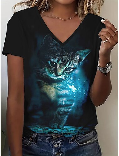  Mujer Camiseta Tops de verano Graphic Gato Clásico Casual Manga Corta Escote en Pico Tops cortos Diario Fin de semana Estampado Arco Iris Verano Primavera Otoño