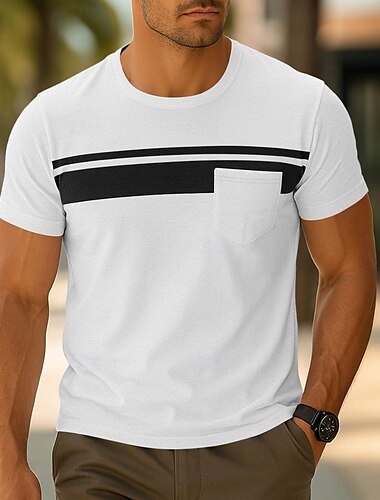  Hombre Camiseta Manga Corta Cuello Barco Verano Primavera Color sólido Raya Elegante Neutral Diario Bolsillo A rayas Escuela Entrenamiento Exterior Blanco Rojo Azul Marino Camiseta superior para