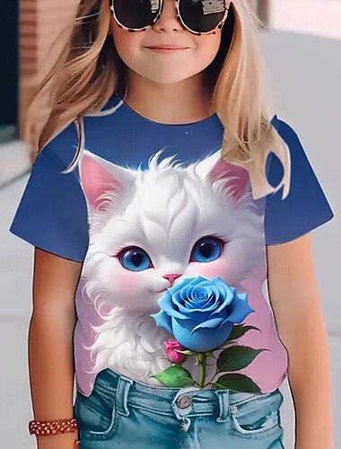  Mädchen 3D Tiermotiv Katze T-Shirt Kurzarm Sommer Frühling Mode Basic Kinder 4-12 Jahre Rundhalsausschnitt Outdoor Lässig Täglich Normale Passform