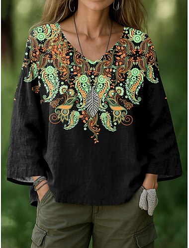  Damen Bluse Blumen Grafik Geometrisch Bohemien Vintage Hawaiianisch Langarm V Ausschnitt Normale Oberteile Gerafft Druck Schwarz Weiß Grün Sommer Frühling