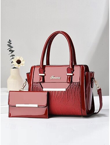  Damen Handtaschen-Set aus Lacklederimitat – glänzende, strukturierte Henkeltasche mit Geldbörse, elegantes Krokodilmuster, für Büro, Business und formelle Anlässe