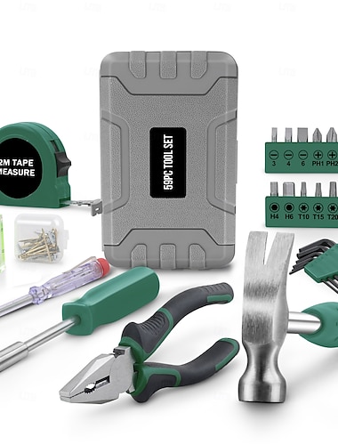  Groene kleine compacte handgereedschapsset voor doe-het-zelvers thuis en op kantoor. Basisgereedschapsset voor thuis, starters en reparaties in een draagbare gereedschapskist.