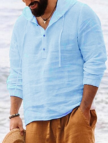  Voor heren Overhemd Linnen overhemd Popover-shirt Zomer overhemd Strand Kleding Overhemd met capuchon Effen Kleur Vakantie Straat Zwart Wit Marineblauw Hemelsblauw Lange mouw Capuchon Zomer Lente