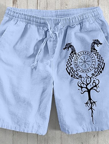 Herren Shorts Leinenshorts Sommershorts Strandshorts Tasche Kordelzug Elastischer Bund Drache Atmungsaktiv Weich Knielang Outdoor Lässig Ferien Urlaub Ethno-Stil Weiß Himmelblau Mikroelastisch