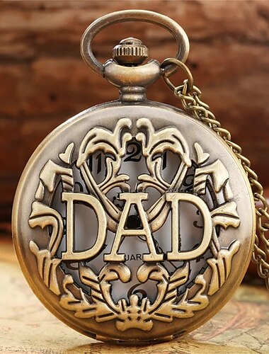  Reloj de bolsillo vintage de bronce para papá, movimiento de cuarzo con cadena, regalo grabado para el día del padre.