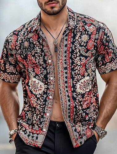  Herren Blumendruck Indianer Boho Hemd Sommer Hawaiihemd Knopfhemd Kurzarm Hawaiianisch Urlaub Ferien Strandbekleidung Sommer Frühling Umlegekragen 3D-Druck Hemden mit Kragen Schwarz