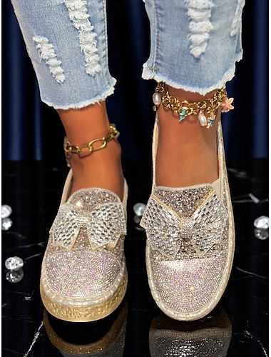  Naisten hopeiset glitterpohjaiset slip-on-kengät – strasseilla koristeltu, pehmustettu pohja, juhlavalmis kimallus illanviettoon, festivaaleille ja konsertteihin