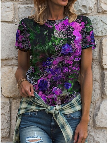  Damen T Shirt Blumen Grafik Pflanzen Bohemien Vintage Stilvoll Kurzarm Rundhalsausschnitt Rundhals Normale Oberteile Täglich Ausgehen Wochenende Druck Gelb Blau Purpur Grün Sommer Frühling
