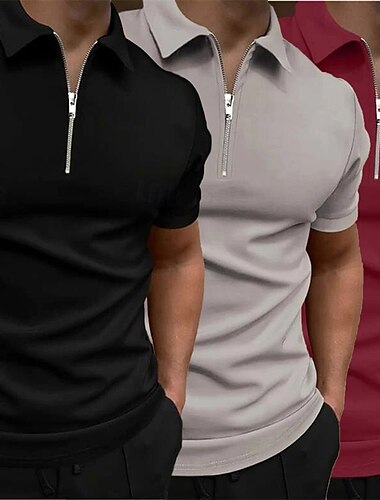  Mehrfachpackungen 3er-Pack Herren Revers Kurze Ärmel Grau+Grün+Schwarz Viertel-Reißverschluss-Poloshirt Golfshirt Golf Poloshirts Viertel Postleitzahl Einfach Urlaub Alltagskleidung Polyester Sommer
