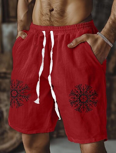  Herren Shorts Leinenshorts Sommershorts Strandshorts Kordelzug Elastischer Bund Schneeflocke Komfort Atmungsaktiv Knielang Outdoor Lässig Täglich Ethno-Stil Retro Vintage Weiß Rote