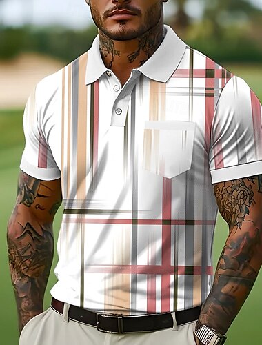  Herren Polo mit Knopfleiste Straße Lässig Revers Kurzarm Mode Geometrisch Linie Knöpfe Tasche Sommer Weiß Blau Orange Grün Polo mit Knopfleiste