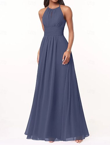  A-Linie Brautjungfernkleid Neckholder ärmellos elegant bodenlang Chiffon mit Falten / Rüschen 2025