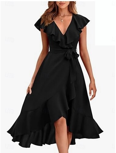  Femmes Robe Midi Robe Portefeuille Robe trapèze Robe d'été Occasionnel Quotidien Coupe régulière Uni Manche Courte Col en V Noir Bleu Roi Vert Véronèse Abricot Été