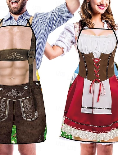  2-delat oktoberfestförkläde för par, tysk dirndl med justerbara knytlinor, matlagning, trädgårdsskötsel, grillning, bakning, roliga kostymer, München, Wiesn, halloween, karneval