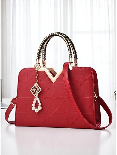  dames handtas van imitatieleer met parelhanger - elegante geometrische handgreep en crossbody tas voor kantoor, dagelijks woon-werkverkeer en formele gelegenheden