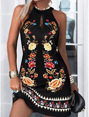  Damen Minikleid A Linie Kleid Schulterfreies Kleid Urlaub Ausgehen Normale Passform Grafik Ärmellos Neckholder Marineblau Schwarz Blau Orange Sommer Frühling