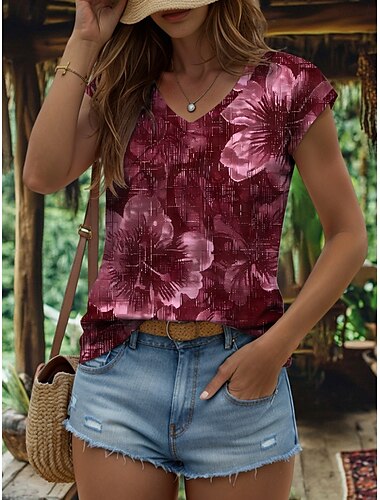  Damen-Tanktop mit Blumenmuster, Vintage, stilvoll, klassisch, ärmellos, kurze Ärmel, V-Ausschnitt, normale Oberteile, Alltagsdruck, Rot, Blau, Lila, Braun, Grün, Sommer, Frühling