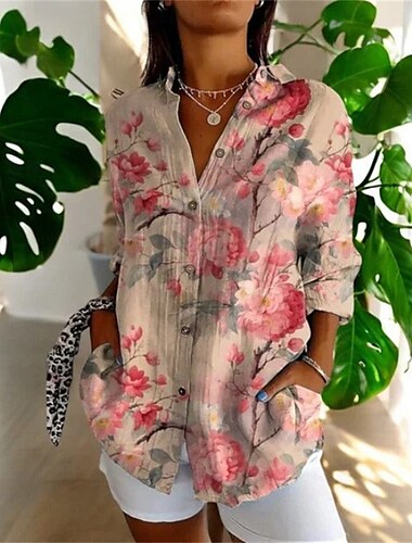  Dames Overhemd Bloem Dagelijks Stijlvol Basic Lange mouw V-hals Normale tops Dagelijks Feestdagen Afdrukken Blozend Roze Beige Rose Roze Lente Herfst