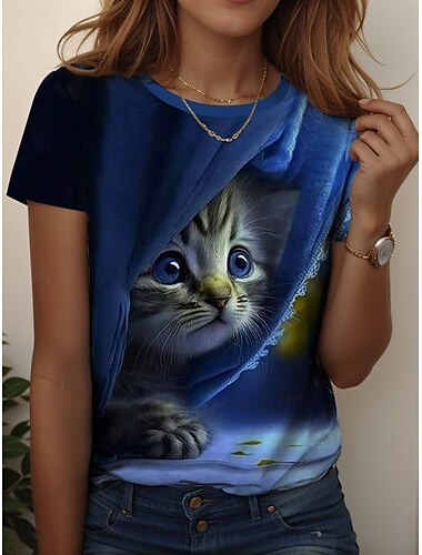  Femmes T-shirt Graphique Animal Chat ancien Élégant Classique Manche Courte Col ras du cou Hauts Réguliers Quotidien Week-end Imprimé Bleu Violet Vert Été Printemps