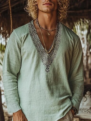  Herren Hemd Leinenhemd Popover-Hemd Sommerhemd Strandbekleidung Retro-Shirts Ethnisch Urlaub Straße Grün Langarm V Ausschnitt Sommer Frühling Bekleidung
