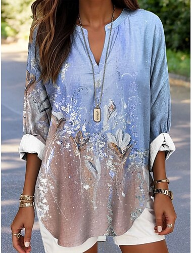  Damen Bluse Blumen Grafik Marmor Elegant Stilvoll Langarm V Ausschnitt Normale Oberteile Täglich Ferien Druck Gelb Blau Purpur Sommer Frühling