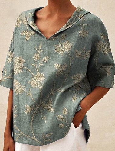  Damen Hemd Baumwoll-Leinen-Hemden Bluse Blume Modern Lässig Kurzarm Mit Kapuze Normale Oberteile Täglich Ferien Ausgehen Druck Grün Grau Sommer