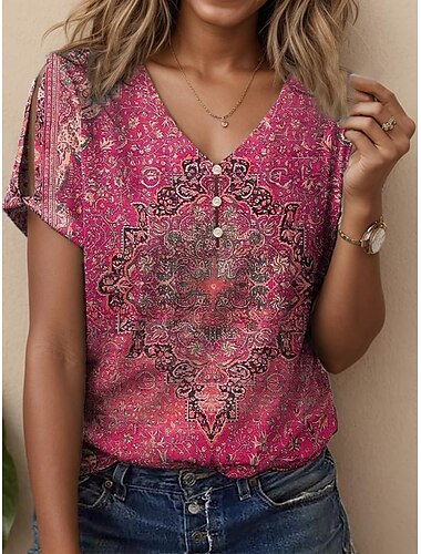  Women's T Shirt Graphic Paisley Vintage Stylish Classic Short Sleeve V Neck Regular Tops Daily Going out Weekend Print Blue Fuchsia Orange Summer Spring