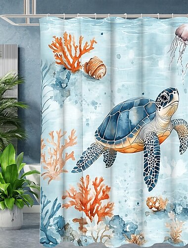  Duschvorhang mit Haken 200 cm hoch duschvorhang waschbar wasserdicht für das Badezimmer maschinenwaschbarer Badezimmerdekor Set Polyester 12er Pack Kunststoffhaken Ozean Tier Schildkröte