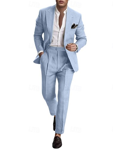  Herren Hochzeitsanzug Leinenanzug Rosa Himmelblau Sommermode Casual Einfarbig Standard Fit 2 Stück Einreiher Einknopf