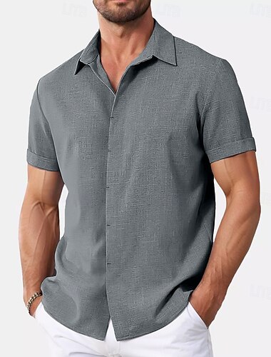 Voor heren Overhemd linnen overhemd Zomer overhemd Normaal shirt Strand hemd Button-down overhemd Effen Casual Dagelijks Zwart Wit Blozend Roze blauw Korte mouw Kraag Zomer Kleding
