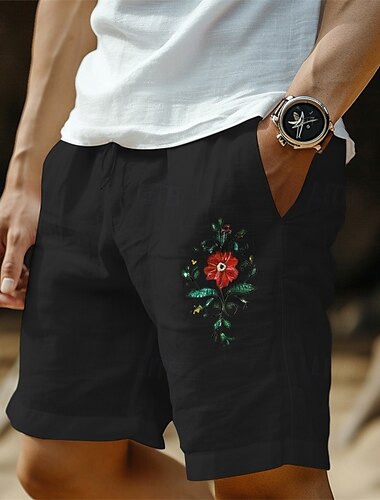  Herren Shorts Leinenshorts Sommershorts Strandshorts Kordelzug Elastischer Bund Grafik Blumen Atmungsaktiv Weich Knielang Outdoor Lässig Täglich Urlaub Streetwear Schwarz Weiß Mikroelastisch