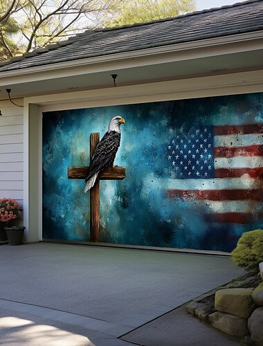  4. Juli Türdekorationen Garagentürabdeckung Amerikanische patriotische Adler Außenbanner Großes Hintergrundbild für Feiertags-Außengaragentüren Hauswanddekorationen
