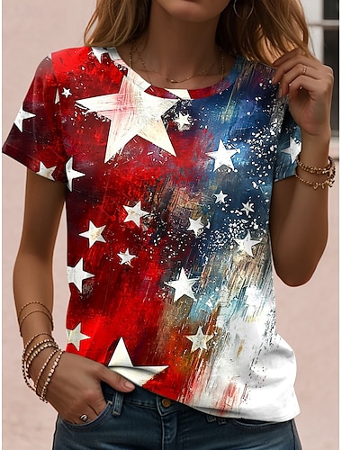  Unabhängigkeitstag Damen Patriottische Vierter Juli T-Shirt Grafik Flagge Vintage Lässig Kurzarm Rundhals Reguläre Tops Täglicher Wochenenddruck Weiß Rot Blau Staubiges Blau Sommer Frühling