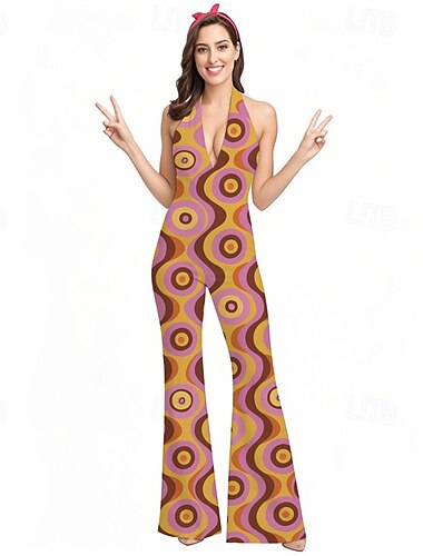  Retro / vintage 1970 luku Groovy Bell Bottoms Jumpsuit-trikoot Hippi Disko Geometrinen Psykedeelinen Naisten Halloween Karnevaali Loma musiikkifestivaali Festivaali Aikuisten Jumpsuit-trikoot