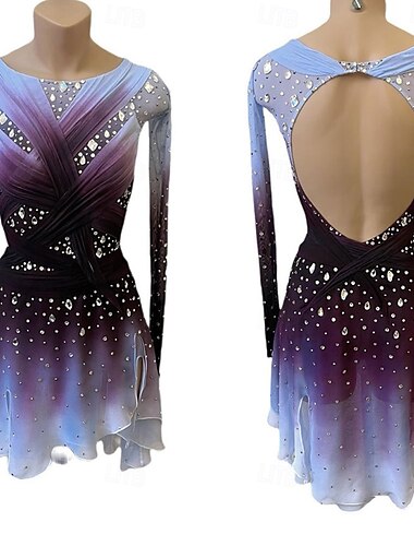  Eiskunstlaufkleid Damen Mädchen Eislaufen Kleid Dunkellila Patchwork Offener Rücken Netzstoff Hohe Elastizität Training Wettbewerb Eiskunstlaufkleidung Klassisch Kristall / Strass Langarm Eislaufen