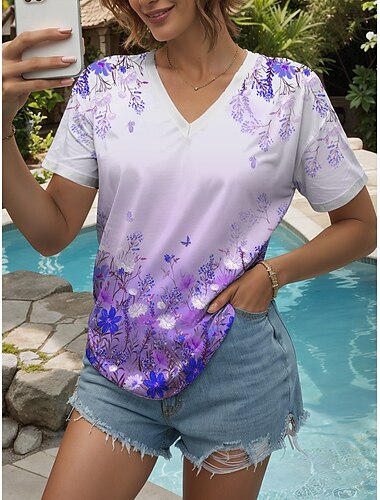  Mulheres Camiseta Âmbar Floral Gráfico Vintage à moda Casual Manga Curta Decote V Tops regulares Diário Imprimir Amarelo Rosa Azul Roxo Verde Verão Primavera