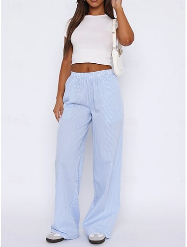  Dames Breed Been Chinese Vakantie Modieus Streetwear Volledige lengte Hoge taille Effen Zak Elastische tailleband Comfortabel Zacht Micro-elastisch Buiten Straat Wit Geel Roze blauw Zomer Lente
