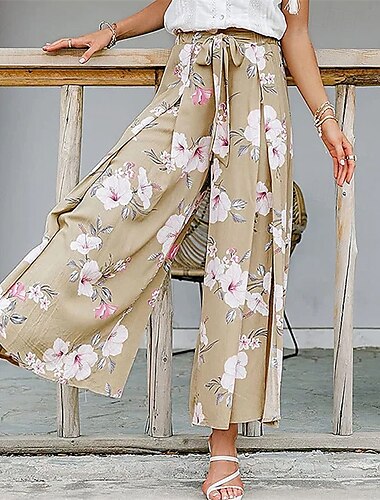  Damen Leinen-inspirierte Hosen Weites Bein Palazzo-Hose Mode Boho Volle Länge Hohe Taille Blume Elastischer Bund Geteilt Bequem Straße Alltagskleidung Ausgehen Gelb Rosa Purpur Braun Sommer Normale
