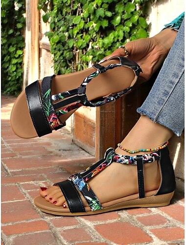  Flache Sandalen mit goldenem Blumenmuster und T-Riemen für Damen – lässige Sommerschuhe im Gladiator-Stil mit Knöchelriemen für Spaziergänge im Freien, Reisen und Urlaub