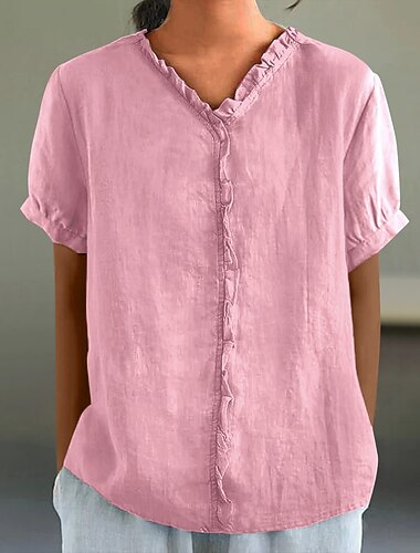  Dames katoenen linnen blouse effen kleur elegant casual korte mouw v-hals normale tops dagelijks vakantie geplooid zwart wit roze paars groen zomer