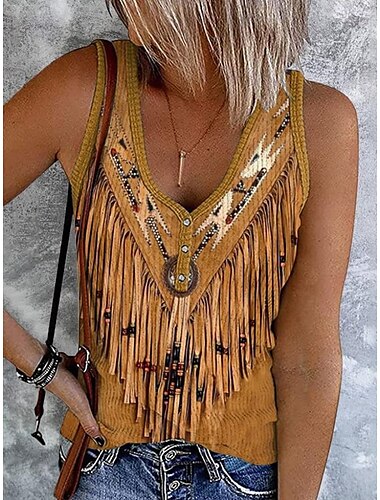 Dam Camisole linne Grafisk Färgblock bohemliv Stylish Västra Ärmlös Ärmlös V-hals Crop Tops Dagligen Helgdag Utekväll Mönster Grön Kaki Sommar Vår