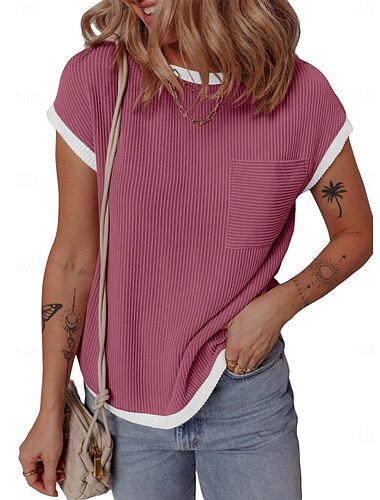  Dames T-shirt Zomer tops Vintage Modieus Casual Korte mouw Strakke ronde hals Normale tops Dagelijks Weekend Zak Zwart Wit Blozend Roze Leger Groen Rood Lente, Herfst, Winter, Zomer