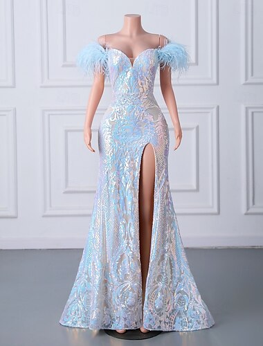  Corte Trompeta / Sirena Vestidos de noche Elegante Vestido Formal Fiesta de baile Cola barrida Sin Mangas Hombros Caídos Lentejuelas con Pluma Lentejuela 2025