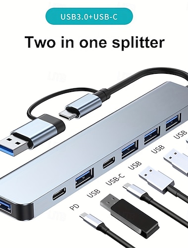  7-i-1 multiportadapter USB C + USB 3.0 hub-splitter med typ-C PD, 5 USB-portar, OTG-kompatibel, för Macbook, PC, surfplatta, PS4