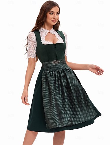  Dames Groene Beierse Dirndl Jurk met Satijnen Schort en Kant Blouse voor Oktoberfest
